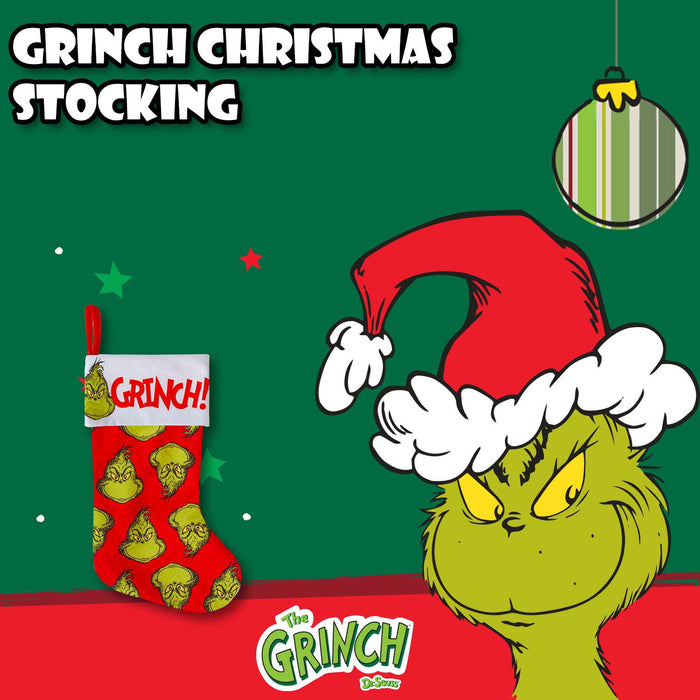 Grinch Christmas Stocking  40cm x 26cm White Cuff Multi Grinch X 1