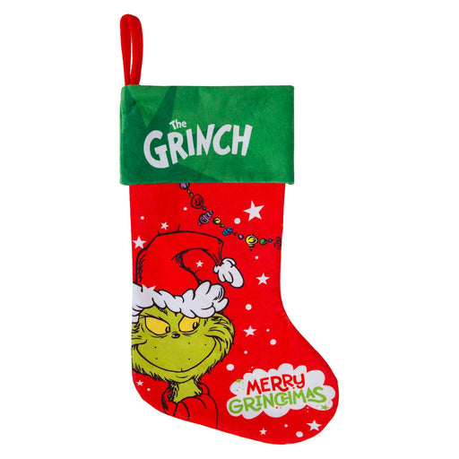 Grinch Christmas Stocking  40cm x 26cm Green Cuff  Grinch In Hat X 1