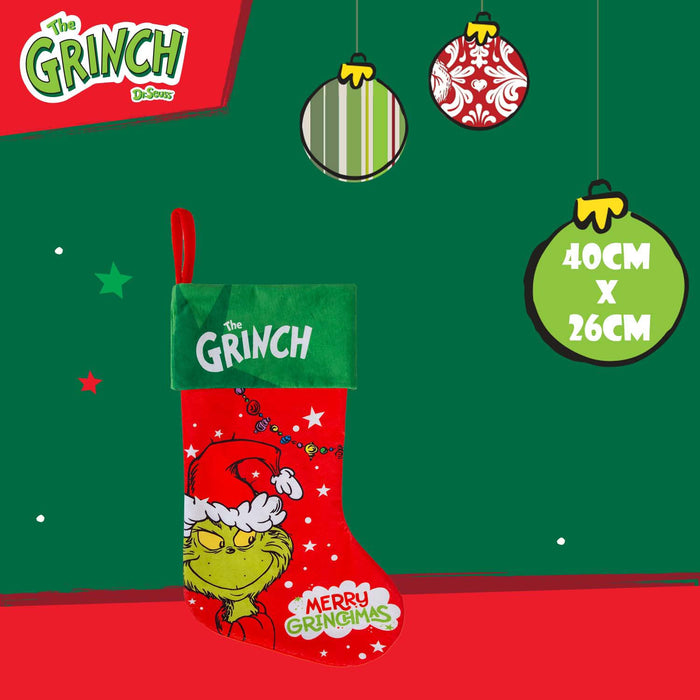 Grinch Christmas Stocking  40cm x 26cm Green Cuff  Grinch In Hat X 1