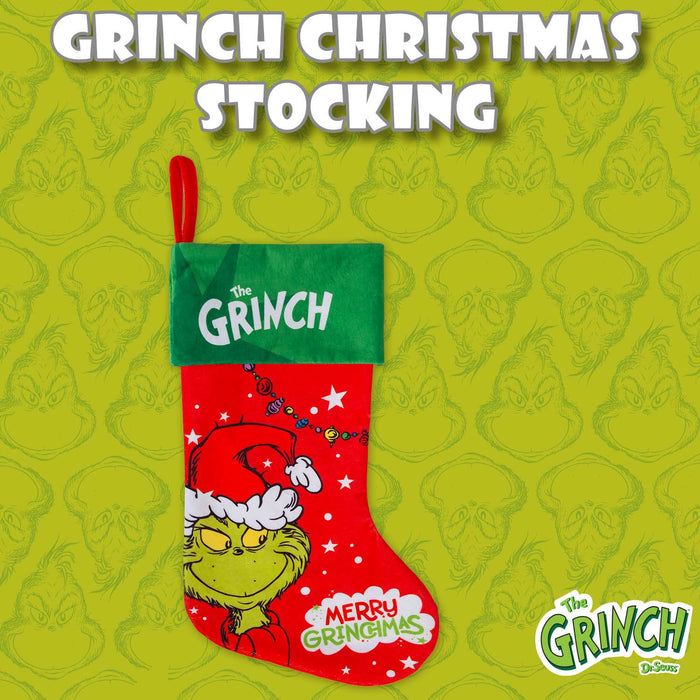 Grinch Christmas Stocking  40cm x 26cm Green Cuff  Grinch In Hat X 1