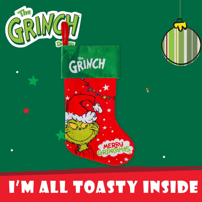 Grinch Christmas Stocking  40cm x 26cm Green Cuff  Grinch In Hat X 1