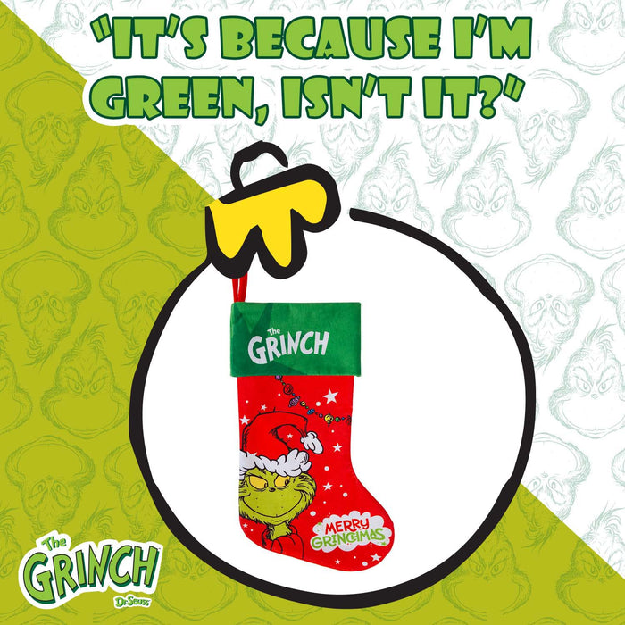 Grinch Christmas Stocking  40cm x 26cm Green Cuff  Grinch In Hat X 1