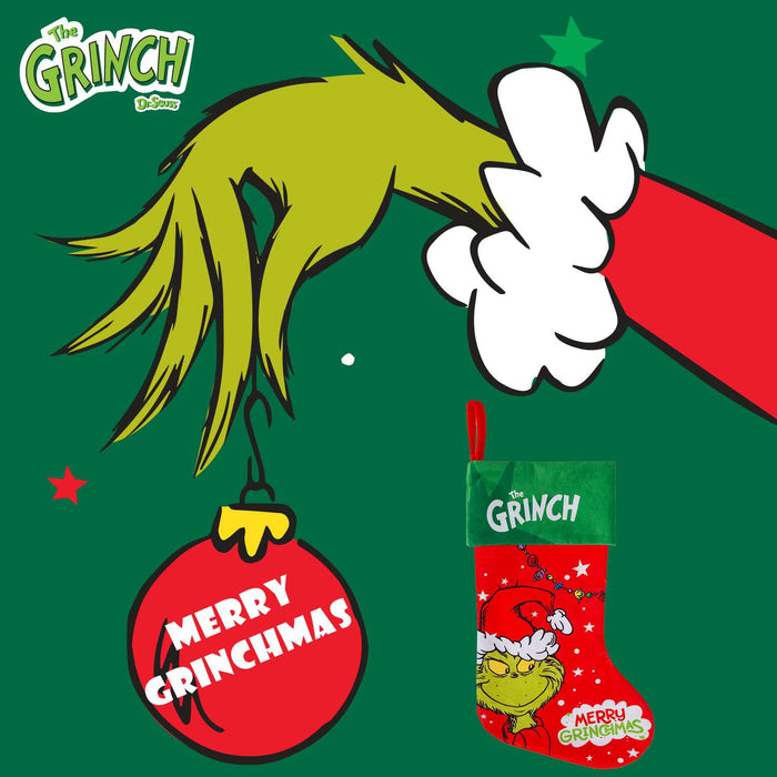 Grinch Christmas Stocking  40cm x 26cm Green Cuff  Grinch In Hat X 1