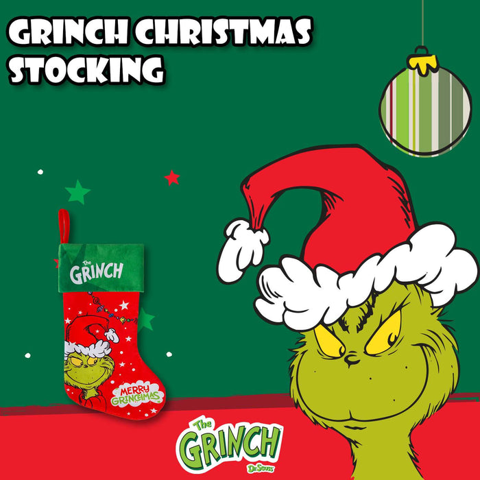 Grinch Christmas Stocking  40cm x 26cm Green Cuff  Grinch In Hat X 1