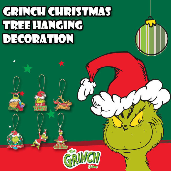Grinch Christmas Tree Hanging 3D Decoration  8cm x 6cm Variety X 6 Pack