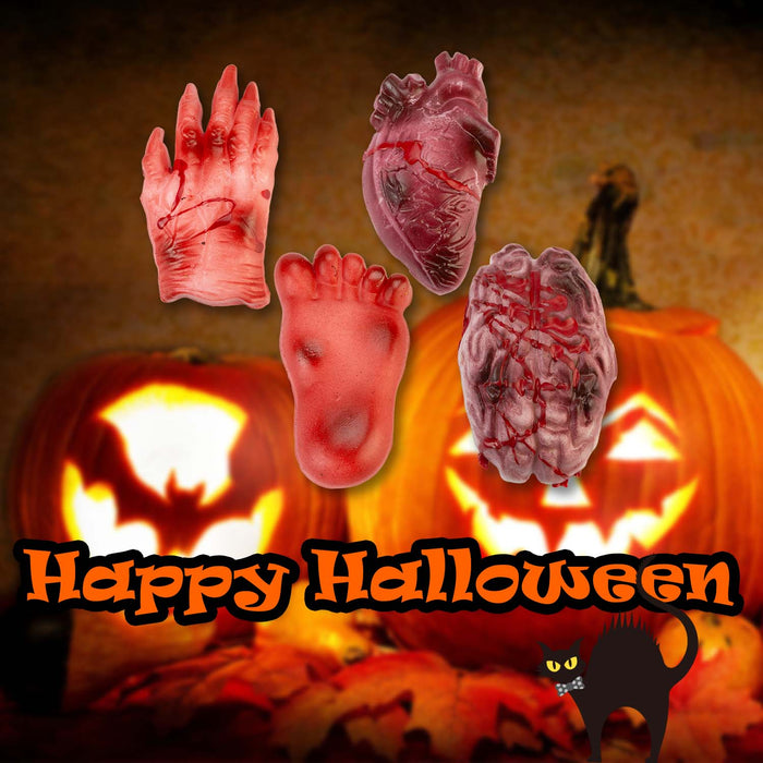 Halloween Squishy Body Parts Props Hand-Foot-Heart-Brain | 4 Pack