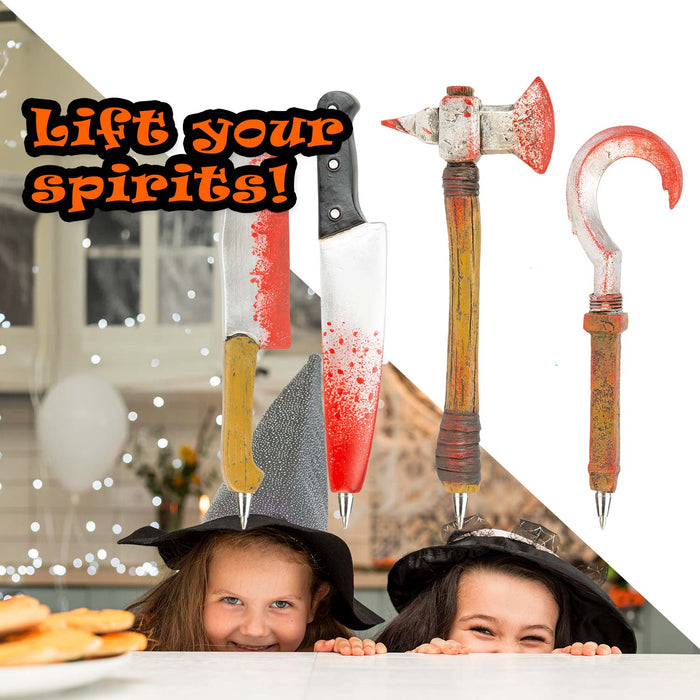 Halloween Sculpted Gruesome Pens Hook-Cleaver-Knife-Axe | 4 Pack