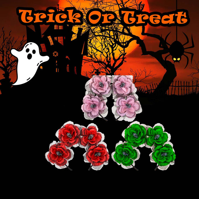 Halloween Headbands Rose Skull | Fancy Dress | Pink Red Green | 3 Set