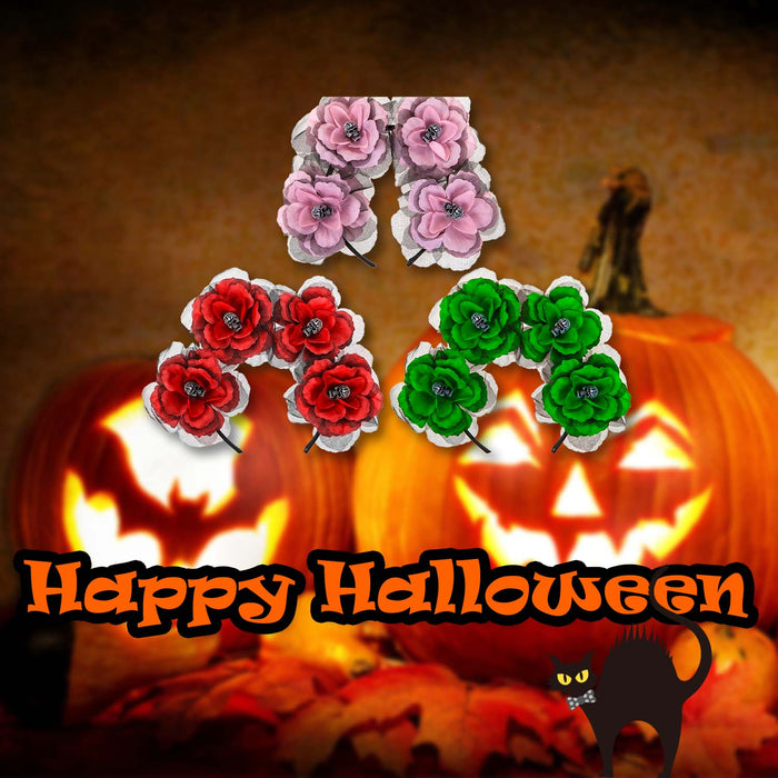 Halloween Headbands Rose Skull | Fancy Dress | Pink Red Green | 3 Set