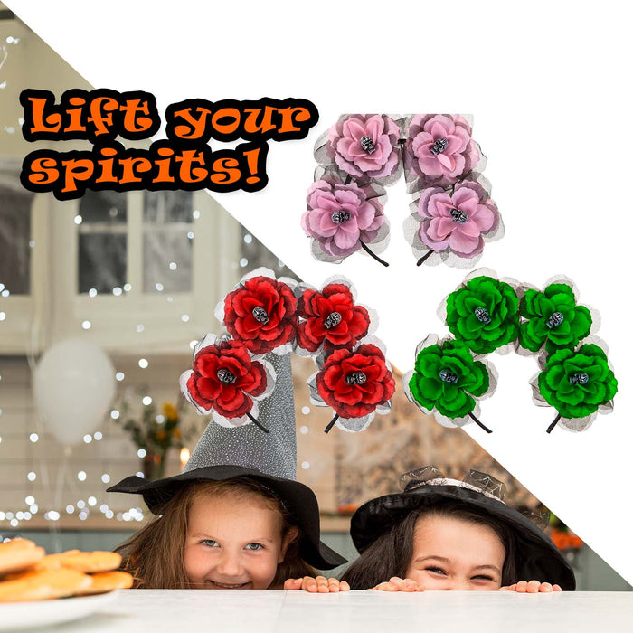 Halloween Headbands Rose Skull | Fancy Dress | Pink Red Green | 3 Set