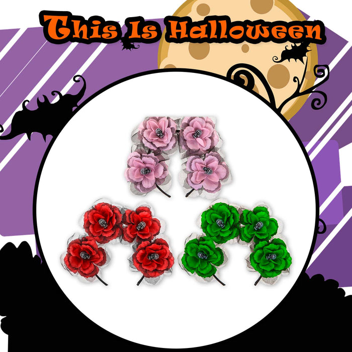 Halloween Headbands Rose Skull | Fancy Dress | Pink Red Green | 3 Set