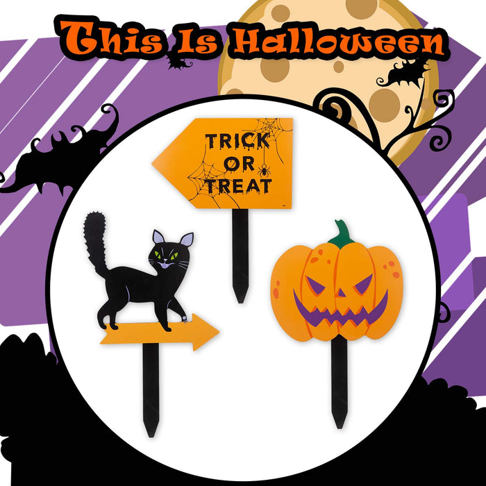 Halloween Outdoor Stake Signs Cat-Pumpkin-Trick Or Treat 3 Pack