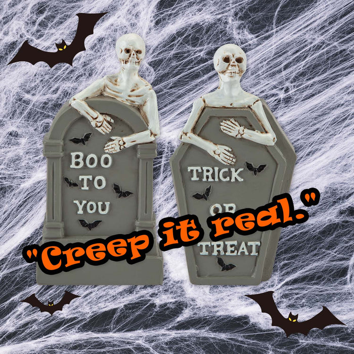 Halloween Tombstone Skeletons Trick Or Treat-Boo-Spooky | 2 Pack