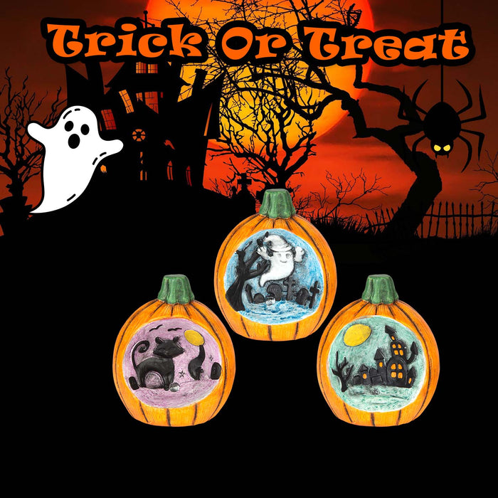 Halloween LED Pumpkin Scenes | Decoration | Cat-Ghost-House | 3 Pack
