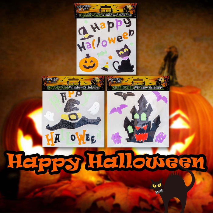 Halloween Gel Window Stickers | Decoration | Hat-House-Cat | 3 Pack
