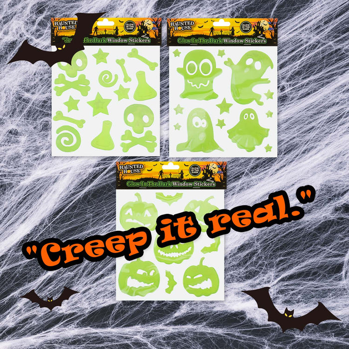 Halloween Glow In Dark Gel Stickers Ghosts-Bones-Pumpkins 3 Pack