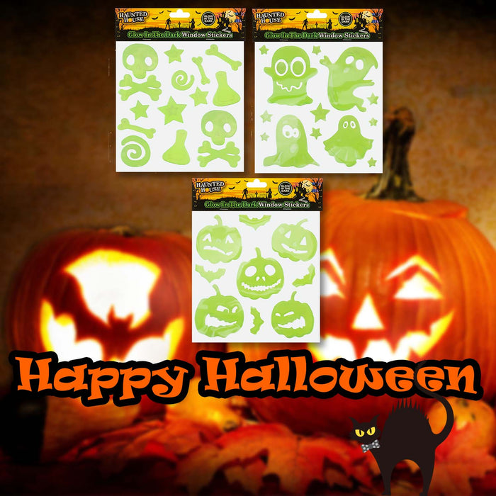 Halloween Glow In Dark Gel Stickers Ghosts-Bones-Pumpkins 3 Pack