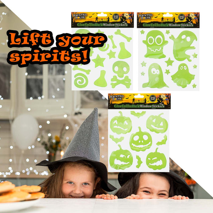 Halloween Glow In Dark Gel Stickers Ghosts-Bones-Pumpkins 3 Pack