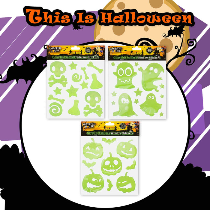 Halloween Glow In Dark Gel Stickers Ghosts-Bones-Pumpkins 3 Pack