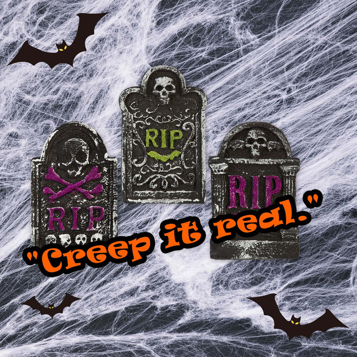Halloween RIP Tombstone Green Bat- Skulls-Purple Bat | 3 Pack