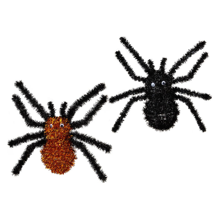Halloween Tinsel Spider | Party Decoration | Black-Orange | 4 Pack