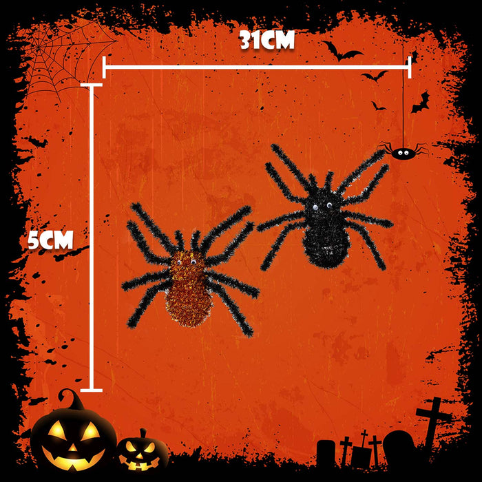 Halloween Tinsel Spider | Party Decoration | Black-Orange | 4 Pack