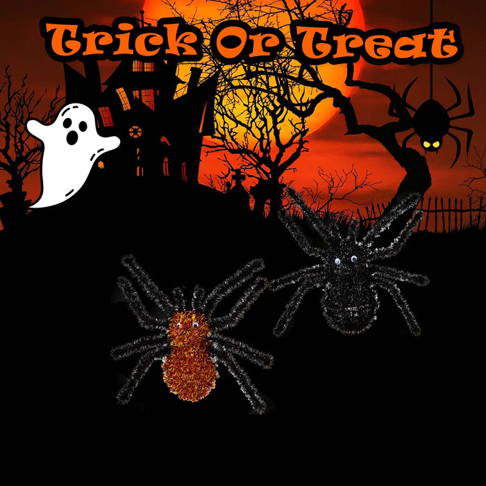 Halloween Tinsel Spider | Party Decoration | Black-Orange | 4 Pack