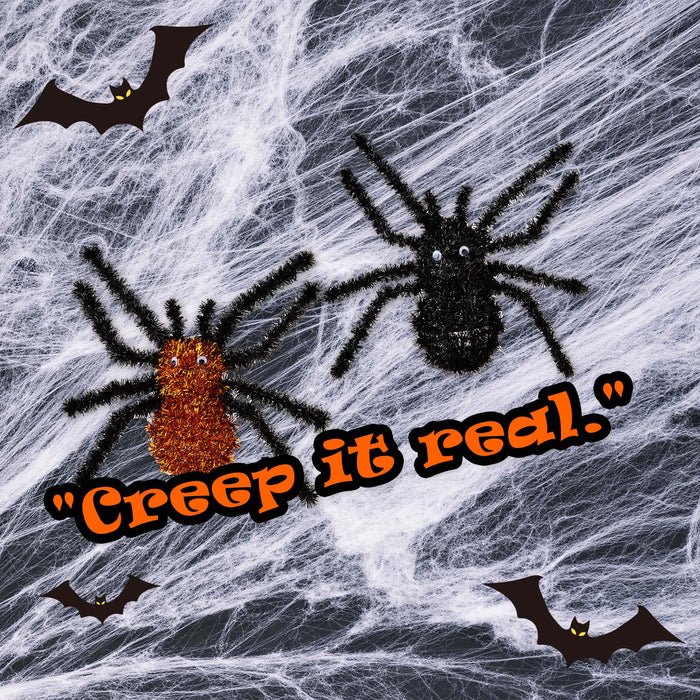Halloween Tinsel Spider | Party Decoration | Black-Orange | 4 Pack
