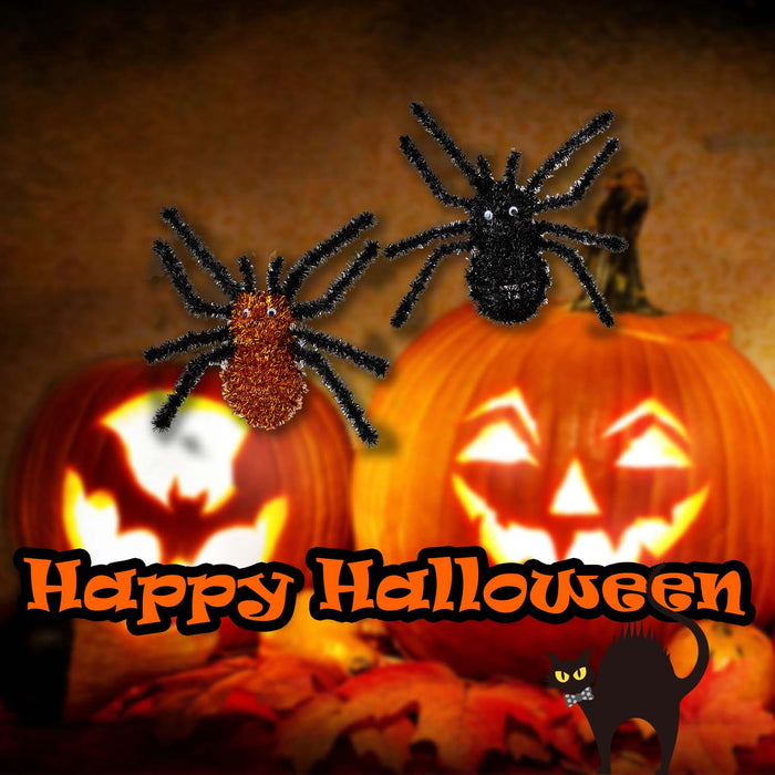 Halloween Tinsel Spider | Party Decoration | Black-Orange | 4 Pack