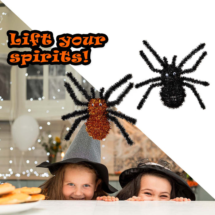 Halloween Tinsel Spider | Party Decoration | Black-Orange | 4 Pack