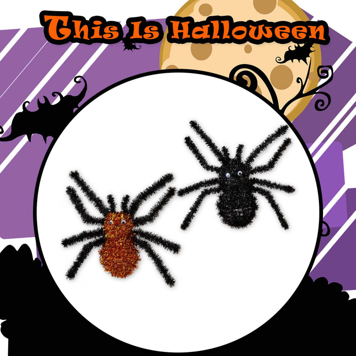 Halloween Tinsel Spider | Party Decoration | Black-Orange | 4 Pack