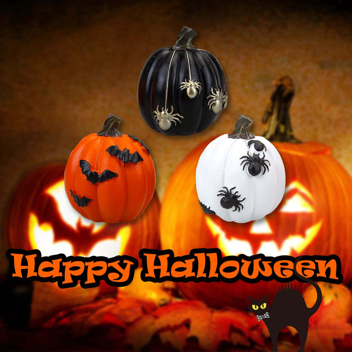 Halloween Polyresin Pumpkin Black-Orange-White | 3 Pack