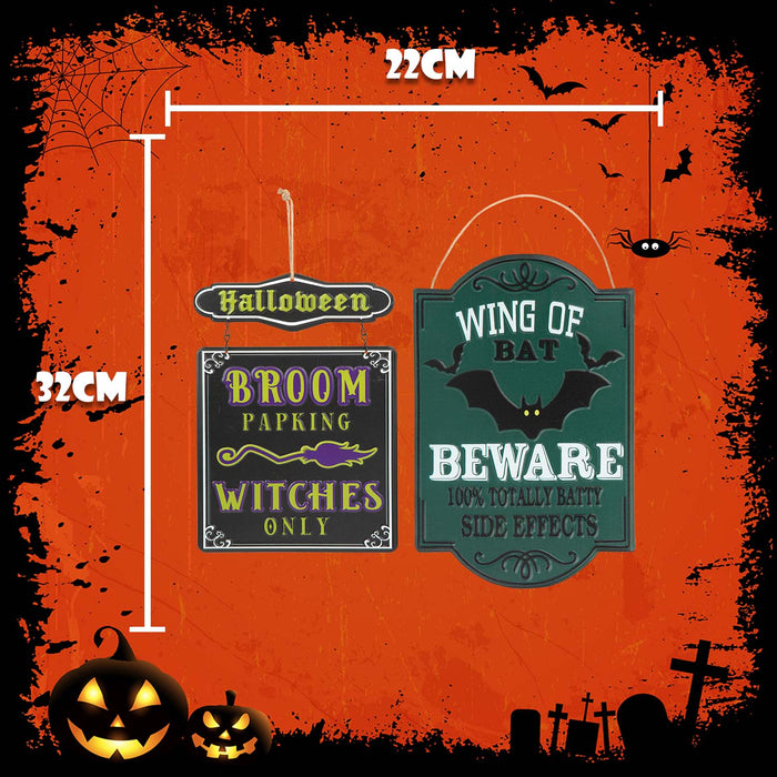 Halloween Metal Signs Broom Parking-Wing Of Bat | 2 Pack