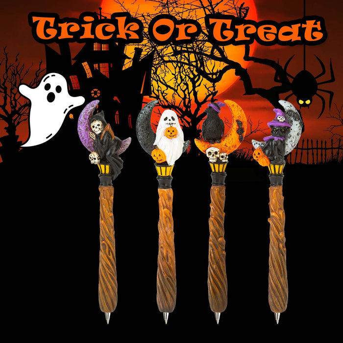 Halloween Spooky Moon Pens Ghost-Skeleton-Cat-Raven | 4 Pack