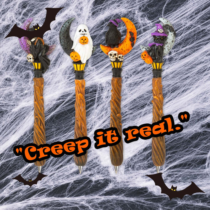 Halloween Spooky Moon Pens Ghost-Skeleton-Cat-Raven | 4 Pack