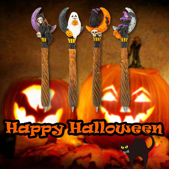 Halloween Spooky Moon Pens Ghost-Skeleton-Cat-Raven | 4 Pack