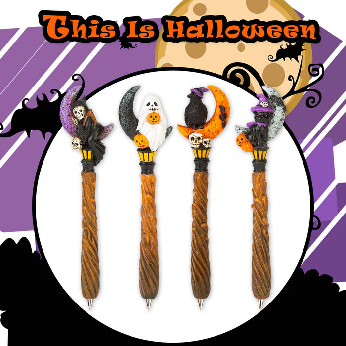 Halloween Spooky Moon Pens Ghost-Skeleton-Cat-Raven | 4 Pack