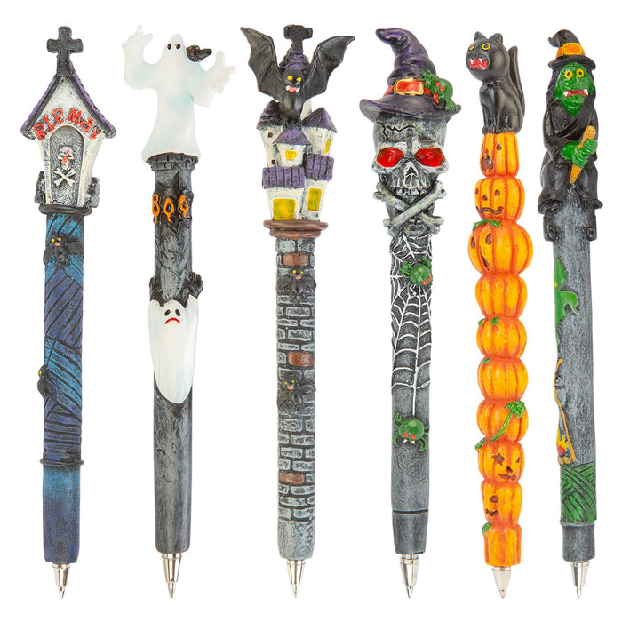 Halloween Spooky Pens Bat-Coffin-Ghost-Witch- Cat-Skull | 6 Pack