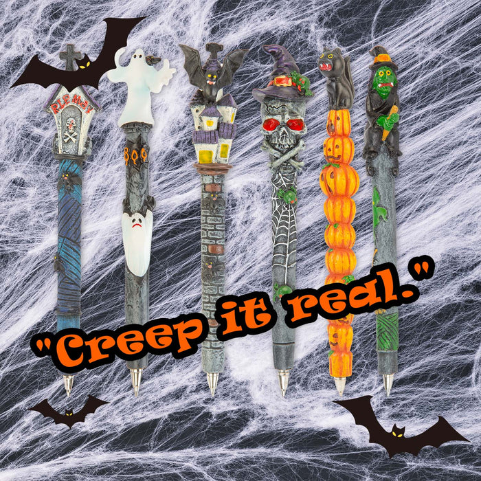 Halloween Spooky Pens Bat-Coffin-Ghost-Witch- Cat-Skull | 6 Pack