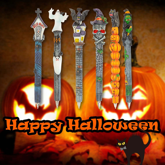 Halloween Spooky Pens Bat-Coffin-Ghost-Witch- Cat-Skull | 6 Pack