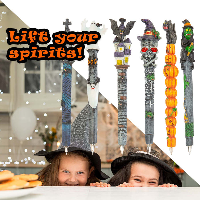 Halloween Spooky Pens Bat-Coffin-Ghost-Witch- Cat-Skull | 6 Pack