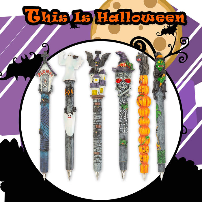 Halloween Spooky Pens Bat-Coffin-Ghost-Witch- Cat-Skull | 6 Pack