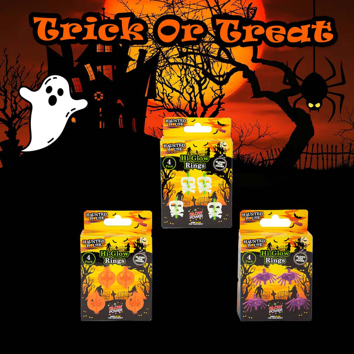 Halloween Glow Rings Pumpkin-Skull & Bones-Spider | 3 Pack