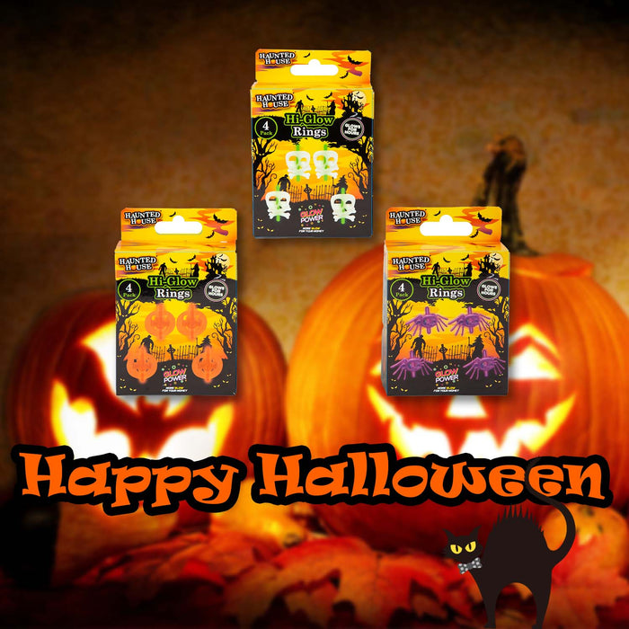 Halloween Glow Rings Pumpkin-Skull & Bones-Spider | 3 Pack