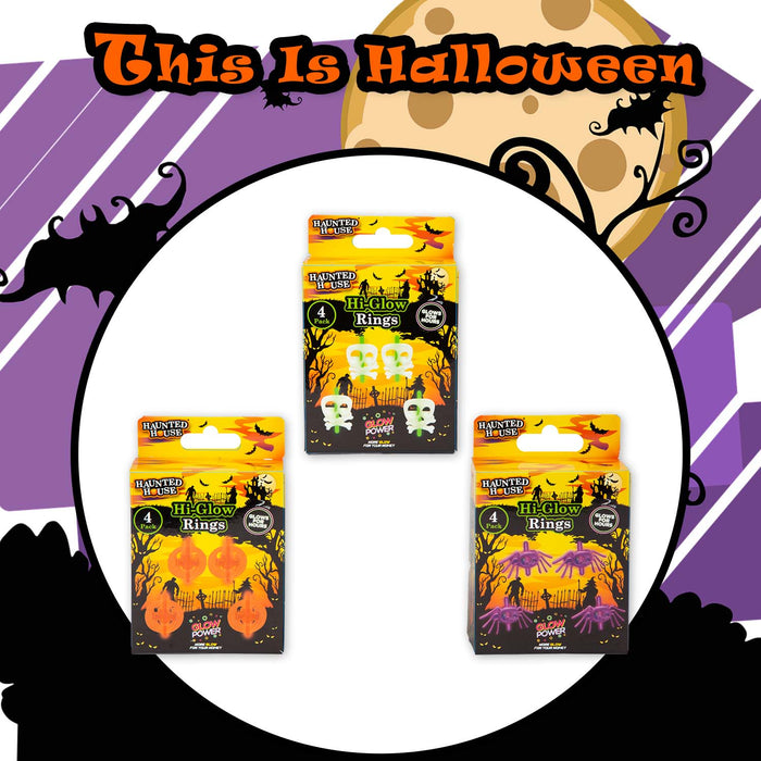 Halloween Glow Rings Pumpkin-Skull & Bones-Spider | 3 Pack