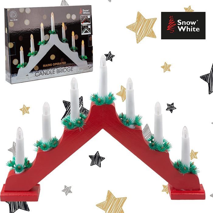 7 LED Wood Candle Bridge Red Mains Powered