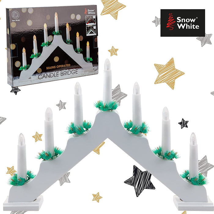 7 LED Wood Candle Bridge WHITE Mains Powered