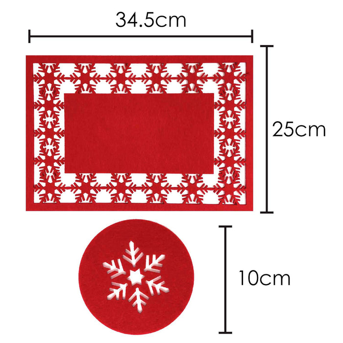 Christmas Poly Felt Red Snowflake Place Mat Set, Xmas Table