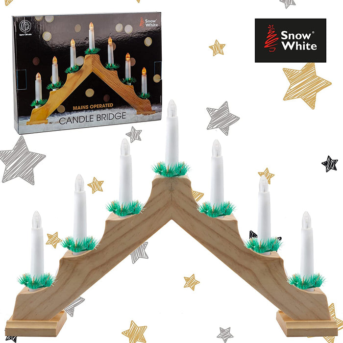 7 LED Wood Christmas Candle Bridge Natural Mains Powered