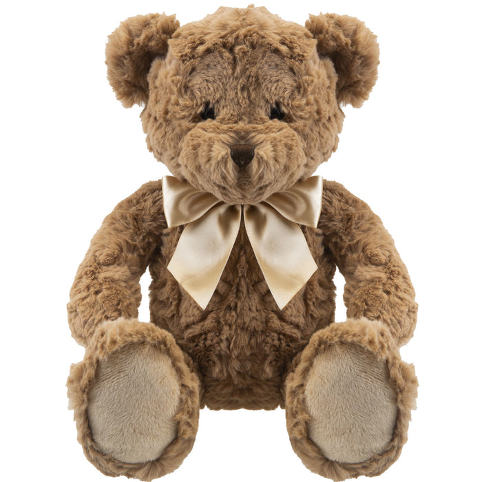Kingsley 34cm Brown Bear Plush with Gold Silk Bow Premium Fluffy Toy